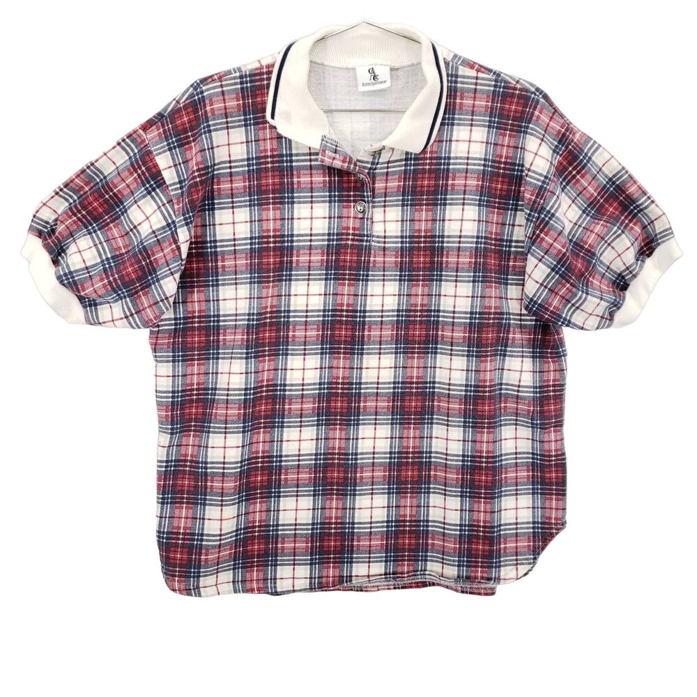 Vintage Action Sportswear Shirt Adult M/L Red Navy White Plaid Short Sleeve Top